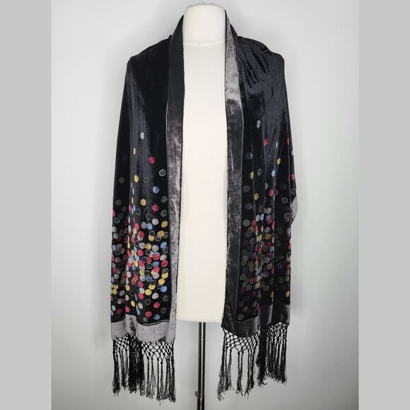 Velvet Burnout Rectangular Scarf Fringe Silk Rayon Metallic Moon Witchy - Picture 2 of 9